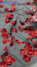 Nueva colección Sequin Rojo Tejido de encaje bordado 3D Floral Elegante Tejido de bordado de boda