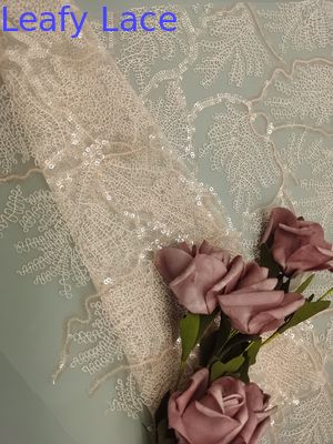 Leafy Embroidered Pink Sequin Lace Fabric Tulle Material Poly Embroidery Yarn