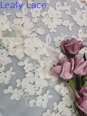 Beige Color 3D Floral Corded Lace Fabric Polyester Cotton Cording Yarn