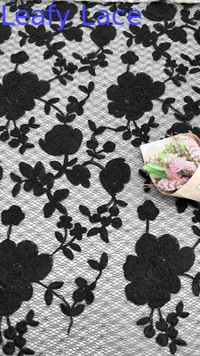 Black Corded Floral Pattern Embroidered Mesh Lace Fabric 129cm Width For Wedding Dresses