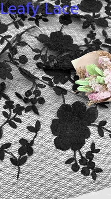 Black Corded Floral Pattern Embroidered Mesh Lace Fabric 129cm Width For Wedding Dresses
