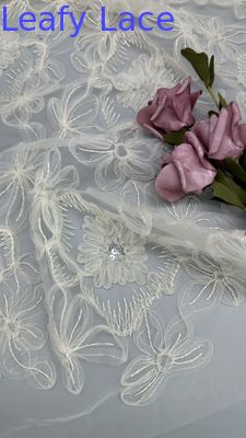 Mesh White Floral Pleated Lace Fabric for Gowns High Intricate Embroidery Wedding Dresses