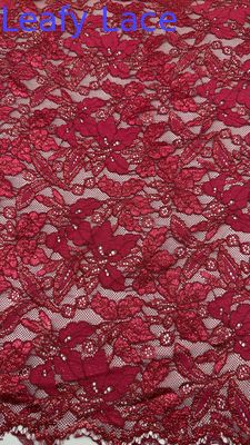 Red Embroidered Lace with Spark Precision Leafy Romantic Fabric for Party Gowns