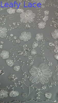 Leafy Beaded Embroidery Fabric Mesh Floral for Evening Party Dresses Design