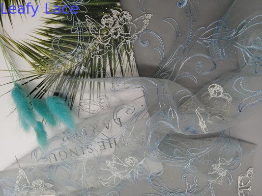 49" Bule Tulle Foil Coated Embroidered Mesh Lace Fabric