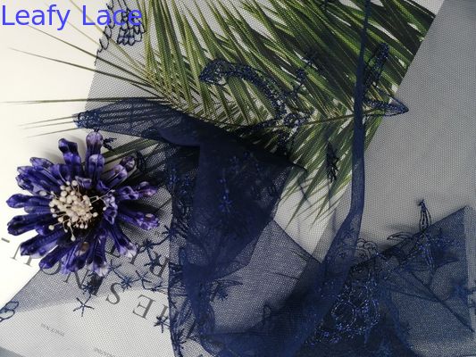 Navy Sea Animals Embroidered Mesh Lace Fabric Wedding Gown Lace Fabric