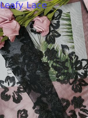 Black Delicate Corded 3D Floral Lace Fabric Embroidered Bridal Fabric