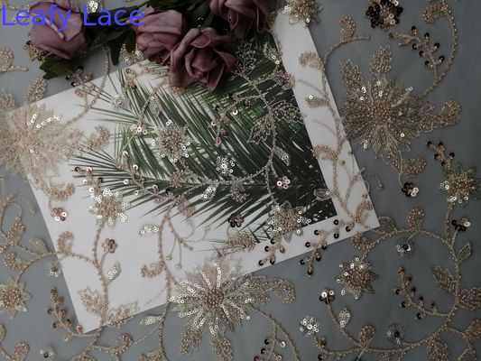 Pink Floral Sequin Party Beaded Embroidery Fabric For Wedding Dress