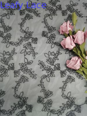 Black Flower Corded Embroidery All Over Lace Fabric Silver Tulle Mesh