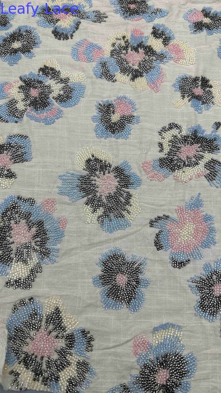 Full Width Embroidery Fabric With Colorful Beaded Floral Patterns On 100% Rayon Ground Fabric For Fashion Evening Dress