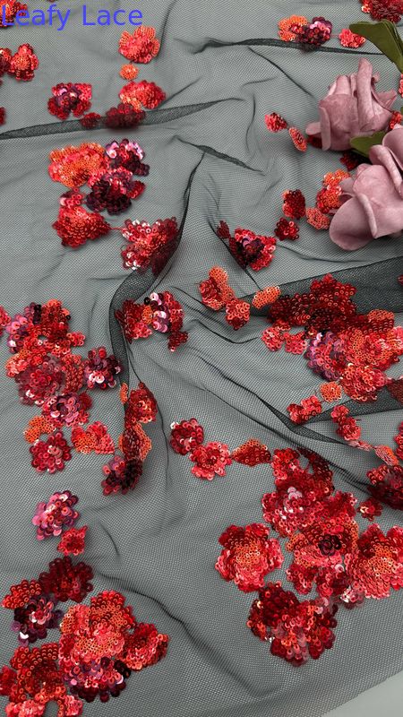 New Collection Red Sequin Embroidered Lace Fabric 3D Floral Elegent Wedding Embroidery Fabric