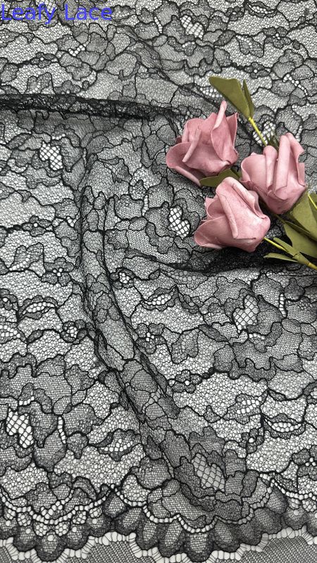 Corded Mesh Lace Fabric Black Embroidered Lace Fabric Leafy Lace Embroidery Fabric