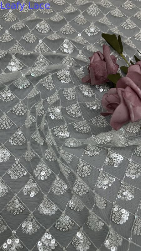 Leafy 3D Floral Fabric Sequin Elegant Mesh Lace Fabric Luxury Occasion Evening Fabric