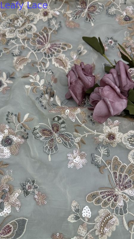 Colorful Floral Sequin Embroidered Lace Fabric Decorative Mesh Leafy Customized