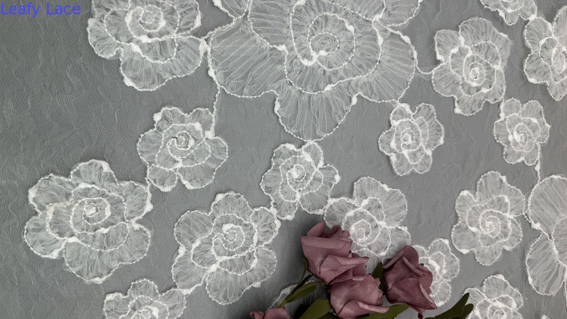 Vintage Style Embroidered Lace Fabric 3D Floral White Tulle Lace for Bridal Wedding Projects