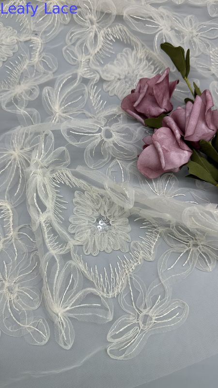 Mesh White Floral Pleated Lace Fabric for Gowns High Intricate Embroidery Wedding Dresses