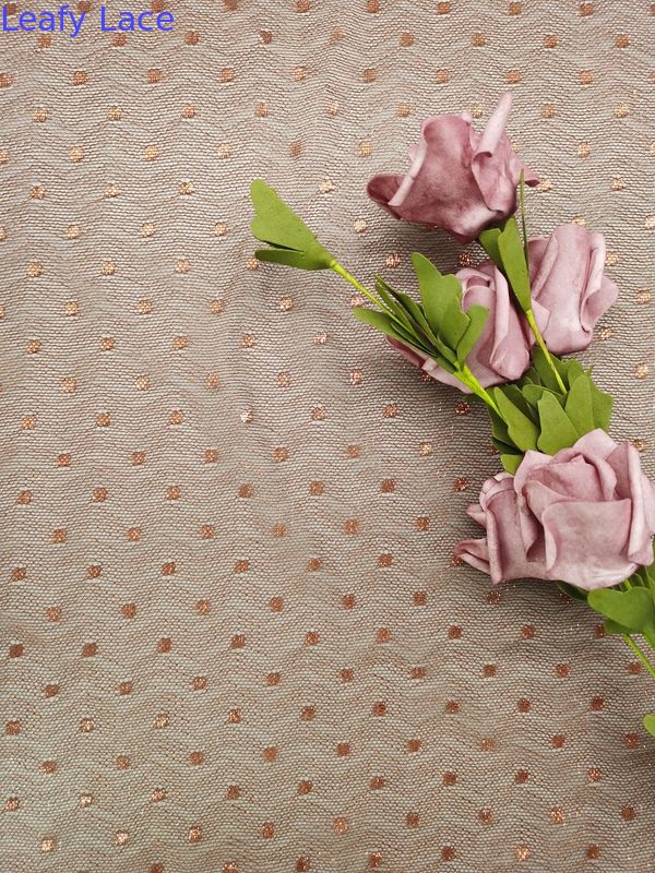 Brown Color Embroidered Lace Fabric Metallic Tulle Lace Light Weight Dot Lace