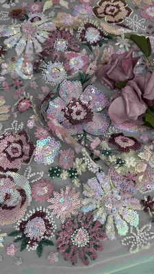 Tejido bordado de lentejuelas de flores semipreciosas para mujeres vestido de moda