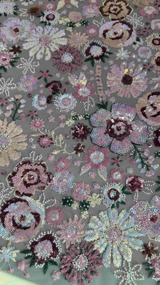 Tejido bordado de lentejuelas de flores semipreciosas para mujeres vestido de moda