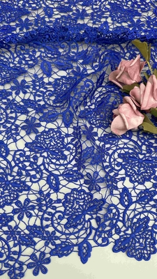100% Poly Royal Azul de alta calidad Floral Químico bordado Tejido de encaje para mujeres Vestidos de moda vestido