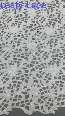 Tejido de encaje de ganchillo Sequin blanco Tejido de encaje bordado Hojas de lujo Tejido de boda de ocasión