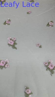 Tejido de encaje floral bordado con perlas Tejido de encaje bordado con malla respiratoria Tejido de ocasión Vestido de cumpleaños Tejido