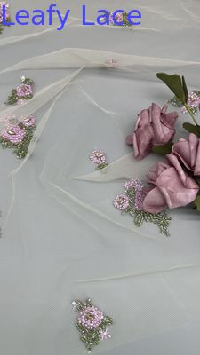 Tejido de encaje floral bordado con perlas Tejido de encaje bordado con malla respiratoria Tejido de ocasión Vestido de cumpleaños Tejido