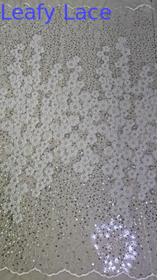 Tejido bordado con cuentas de poliéster Sequin encaje Spandex Blanco Tejido de encaje 100% bordado