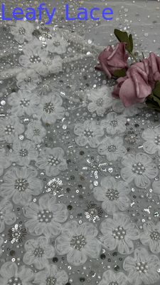 Tejido bordado con cuentas de poliéster Sequin encaje Spandex Blanco Tejido de encaje 100% bordado
