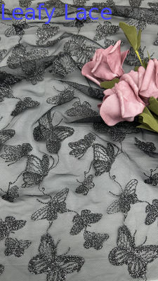 Tela de encaje químico de lujo con mariposas, encaje romántico para alta costura de bodas, vestidos de malla negros