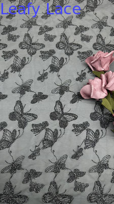 Tela de encaje químico de lujo con mariposas, encaje romántico para alta costura de bodas, vestidos de malla negros