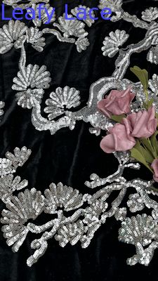Hojas negras de túllas de encaje con flecos Sequins Slicer Tejido detallado para declaraciones Vestidos formales