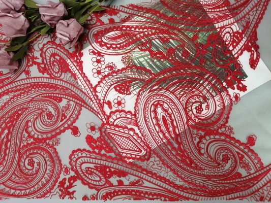 Tela roja del cordón de Tulle Mesh Bridal Dress Embroidery Paisley