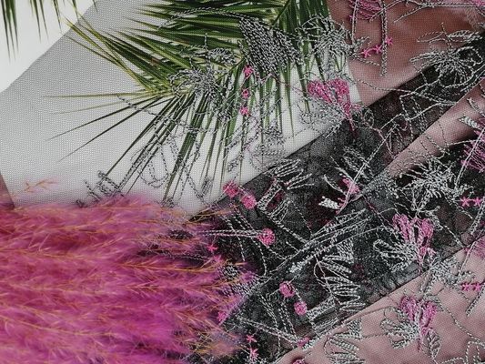 Rosa Tulle floral africana Mesh Colored Embroidery Fabric