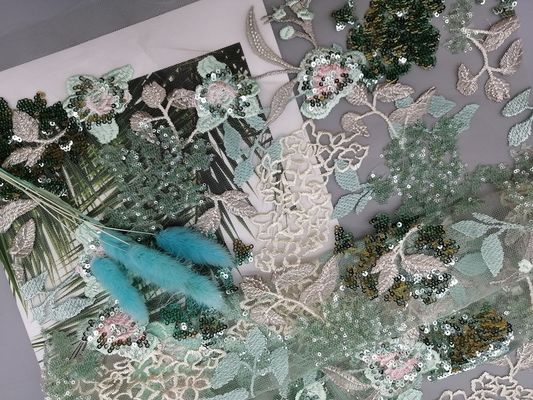 Tela bordada de la lentejuela floral verde libre de señora Dress AZO