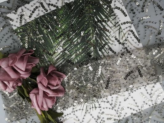 Partido Grey Embroidered Sequin Lace Fabric para el vestido de boda