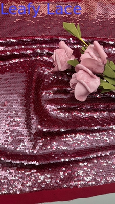 Tejido de bordado de lentejuelas rojas de hojas para vestidos de fiesta