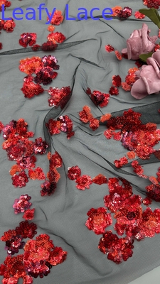 Nueva colección Sequin Rojo Tejido de encaje bordado 3D Floral Elegante Tejido de bordado de boda